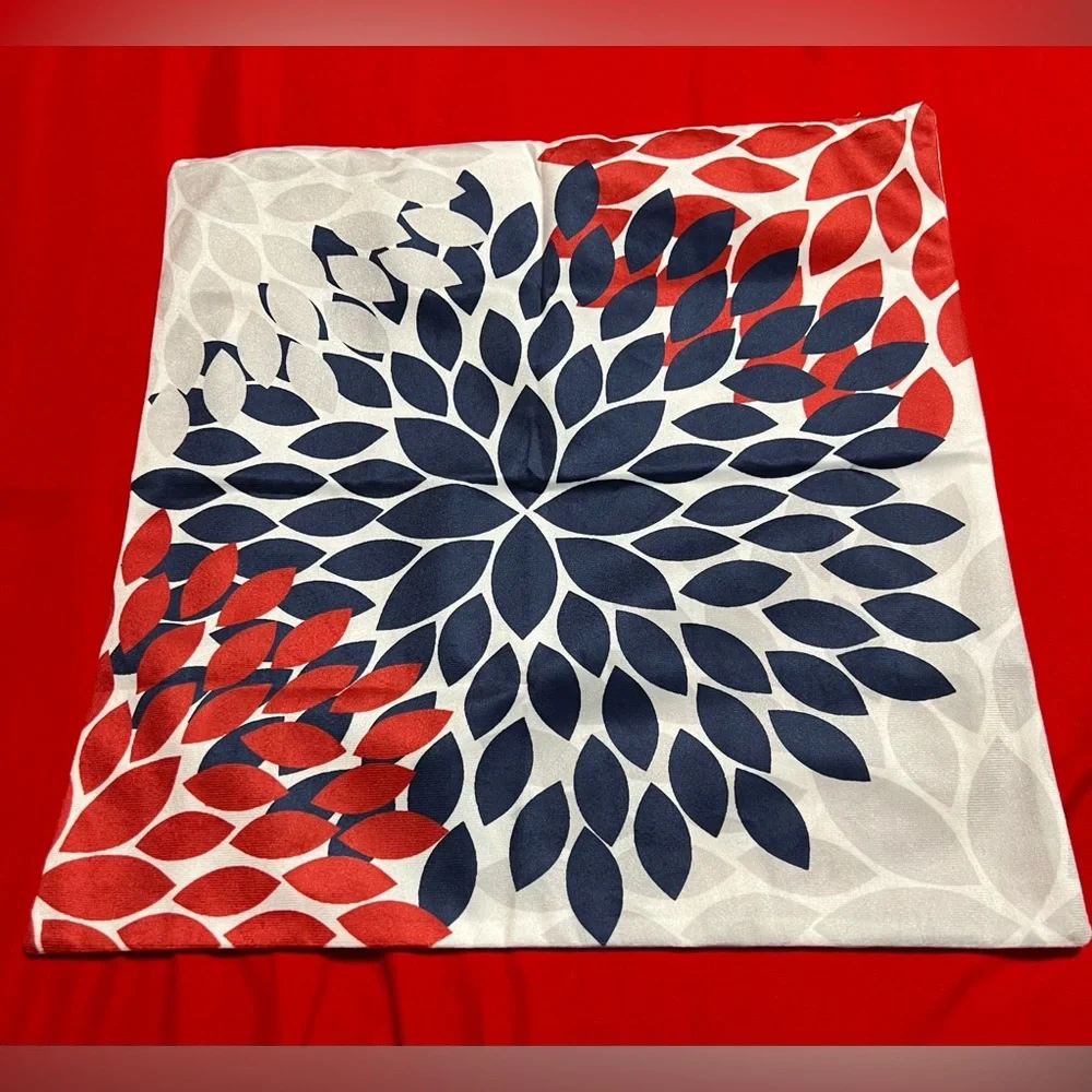 Decorative Floral Burst Accent Pillow - Navy, Red & Gray